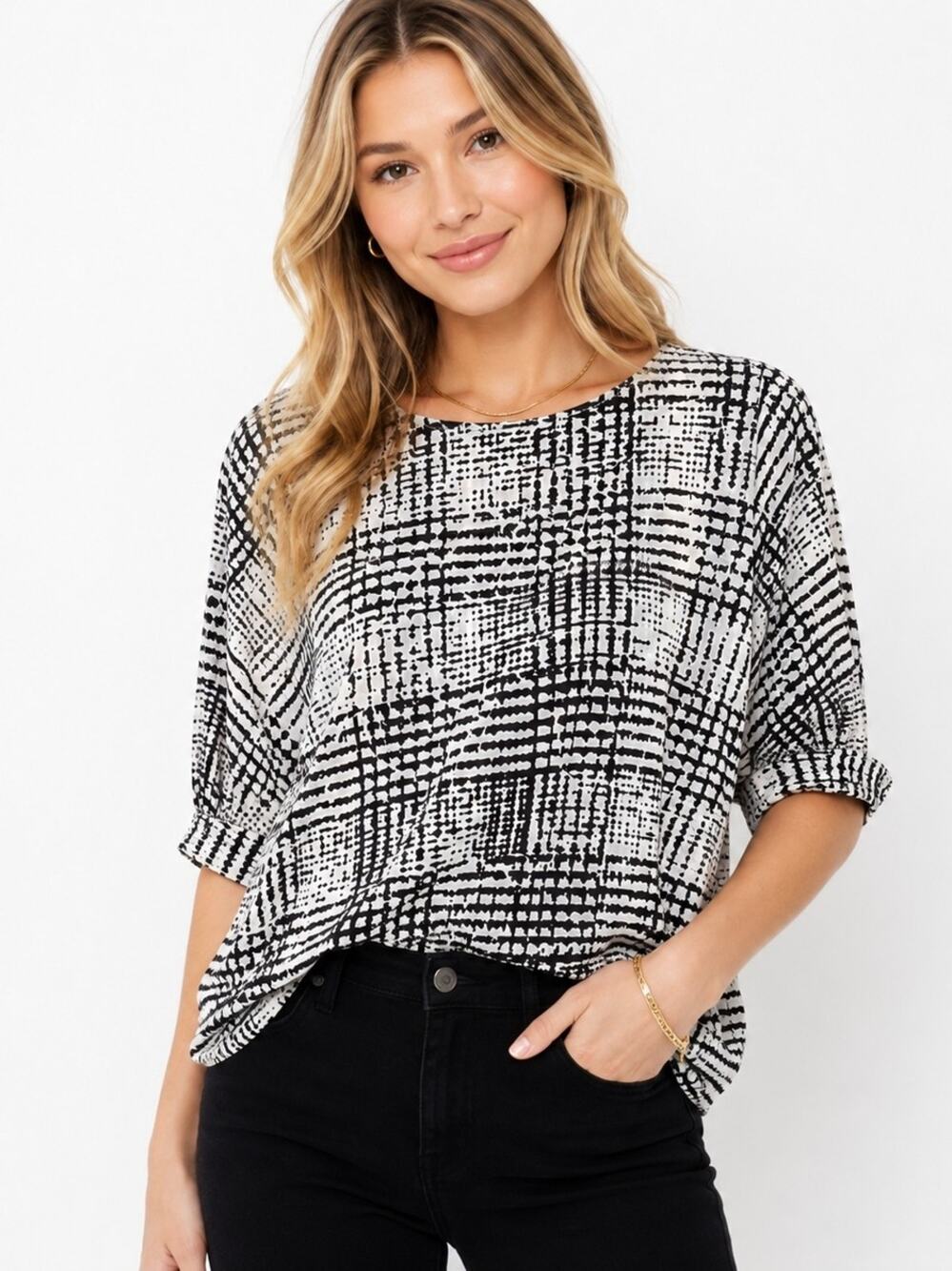 Philosophy Black & White Abstract Plaid Tunic Top